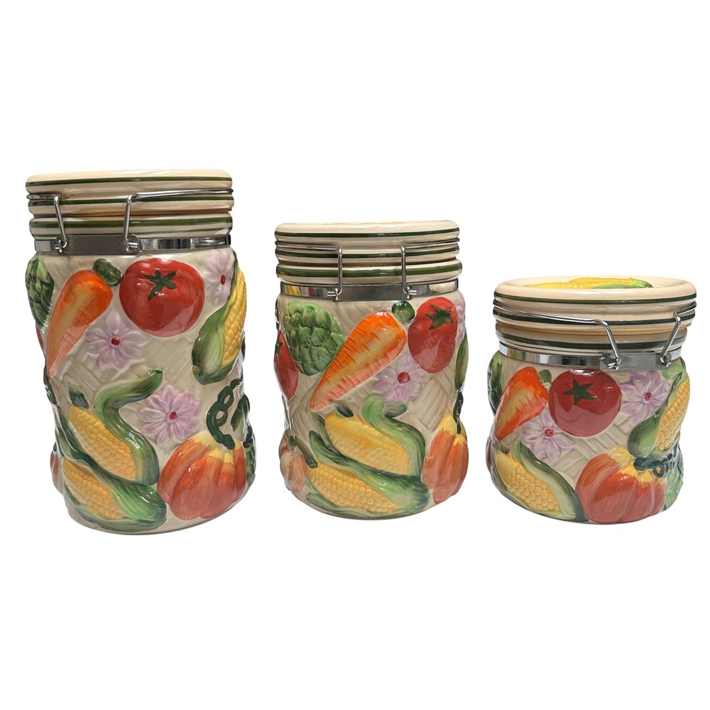 Vintage Gourmet Home Accents Ceramic Canister 3 pc Set Sculpted Fruit Colorful - Picture 3 of 16
